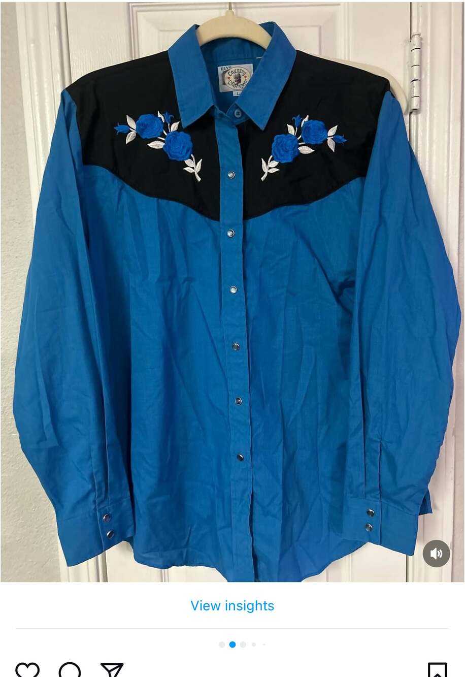 Ely's Country Charm Western Snap Button Shirt Blue Black Embroidered Roses L